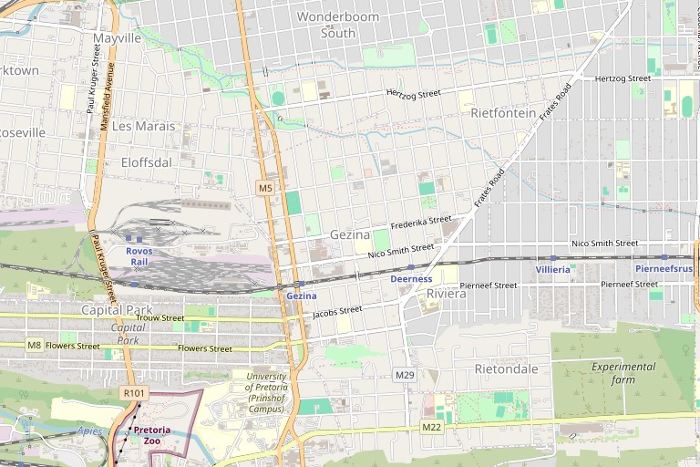 Street map of Gezina and the surrounding Moot suburbs of Pretoria, showing Rietfontein, Villieria, Riviera, Capital Park and the rail line